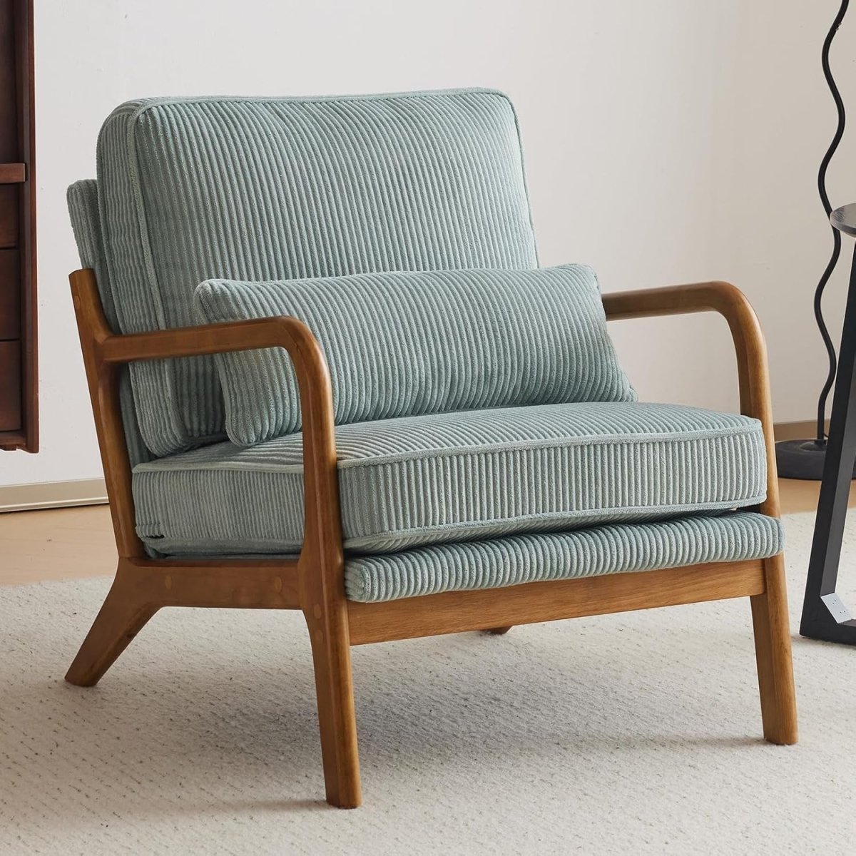Light Blue Corduroy Accent Chair – Solid Wood Lounge Armchair - Kwikley
