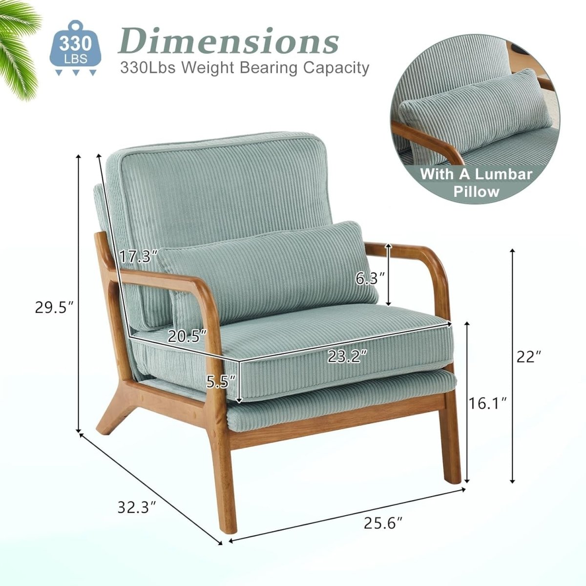Light Blue Corduroy Accent Chair – Solid Wood Lounge Armchair - Kwikley