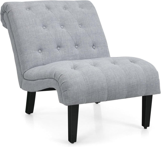 Light Grey Accent Chair Linen Lounge Button Tufted Armchair