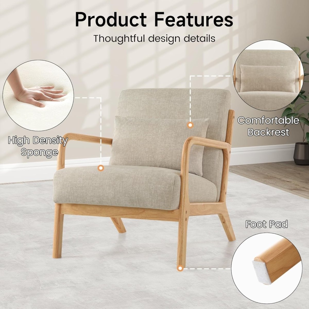 Light Grey Accent Chairs Set of 2 Mid Century Wood Frame - Kwikley