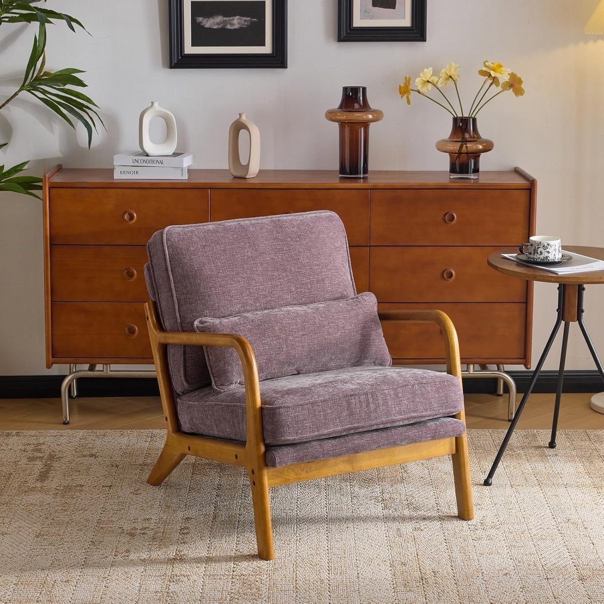Light Purple Chenille Accent Chair – Solid Wood Lounge Armchair Wide Arm - Kwikley