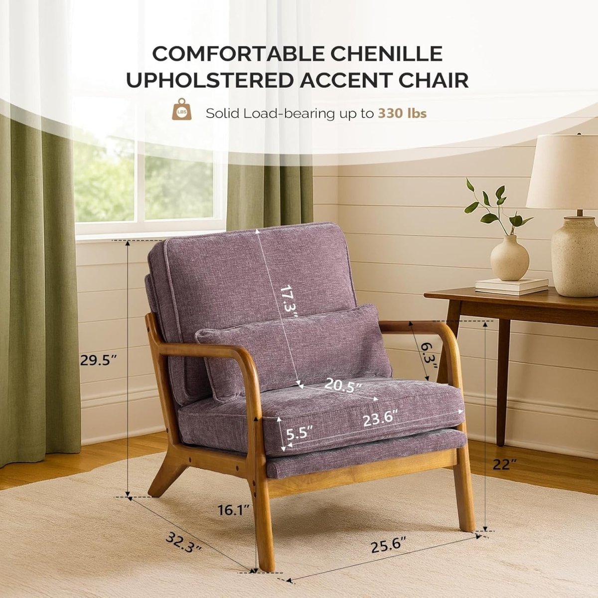 Light Purple Chenille Accent Chair – Solid Wood Lounge Armchair Wide Arm - Kwikley