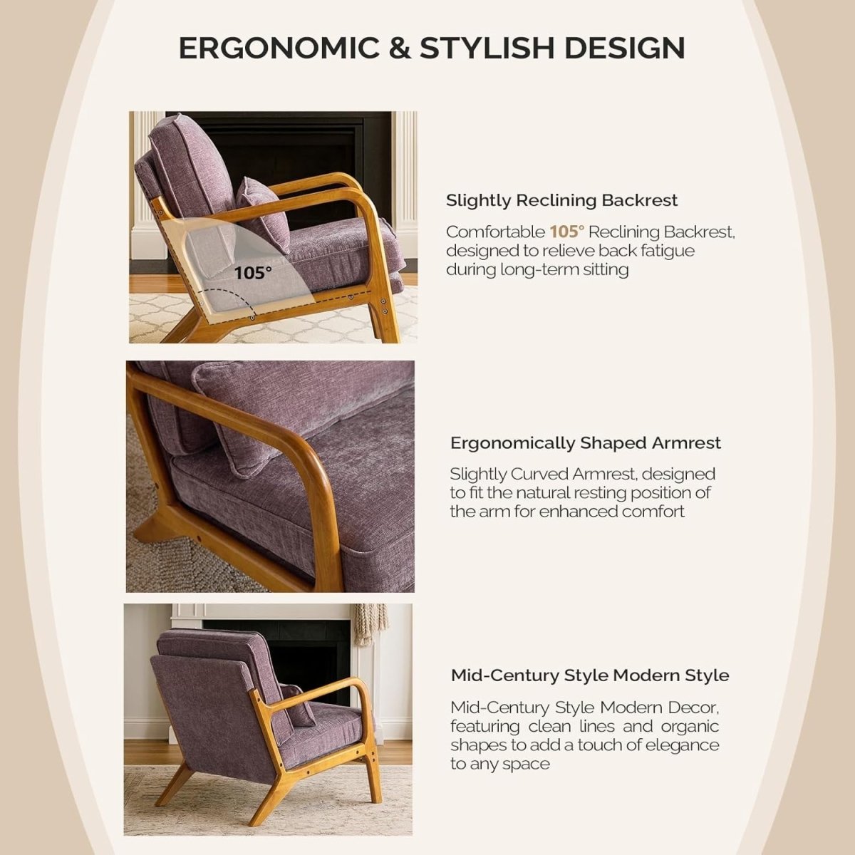 Light Purple Chenille Accent Chair – Solid Wood Lounge Armchair Wide Arm - Kwikley