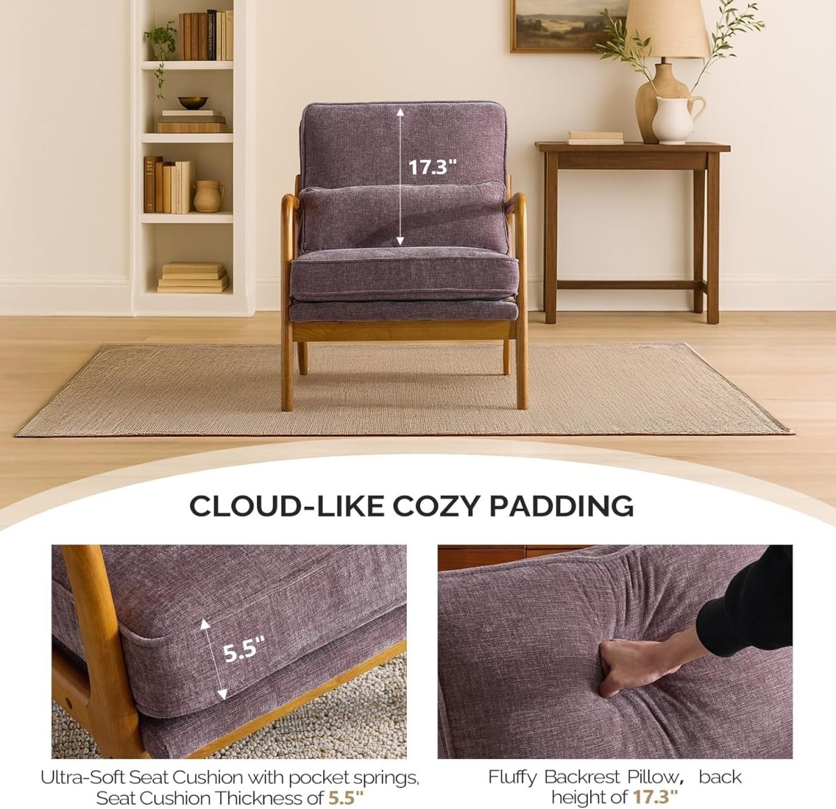 Light Purple Chenille Accent Chair – Solid Wood Lounge Armchair Wide Arm - Kwikley