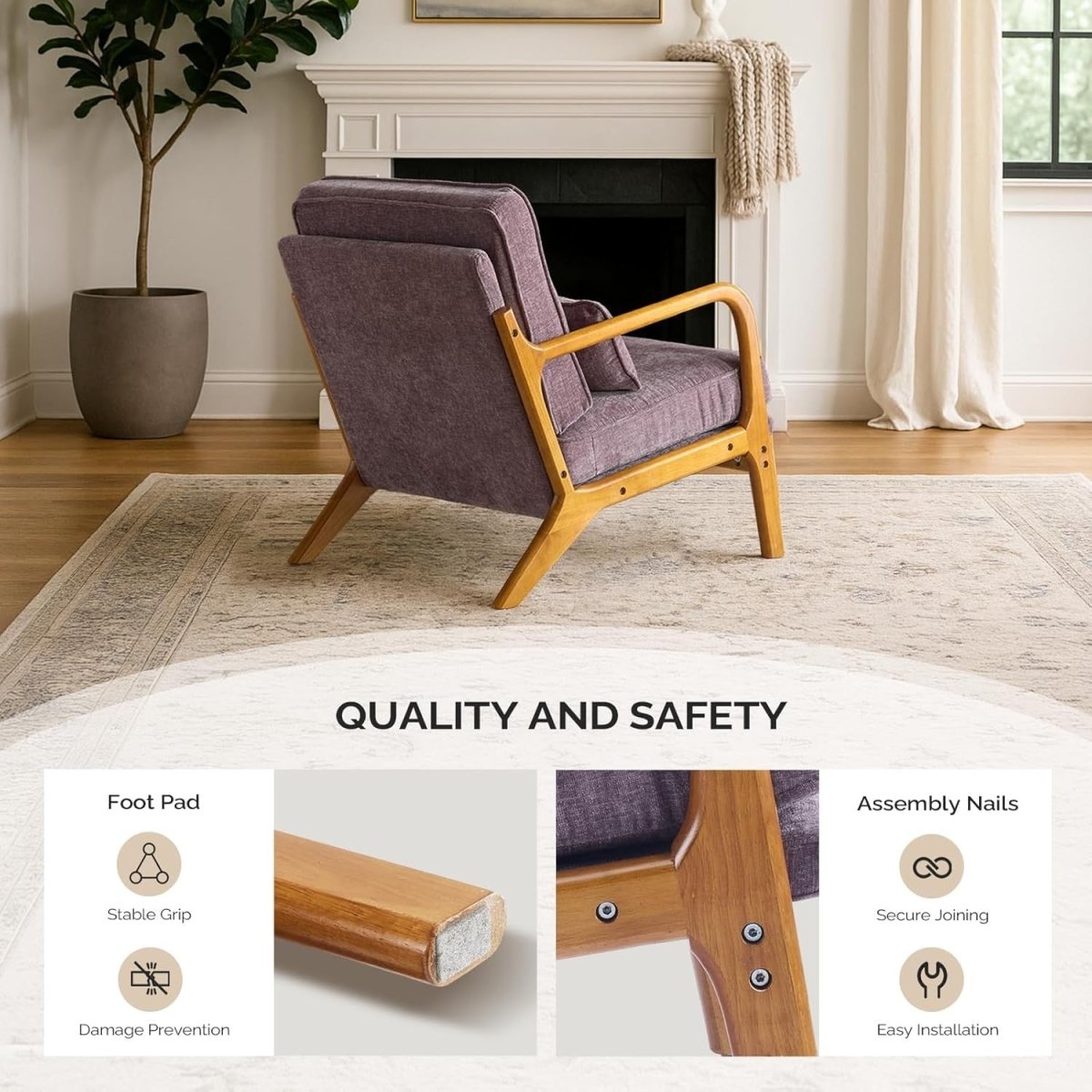 Light Purple Chenille Accent Chair – Solid Wood Lounge Armchair Wide Arm - Kwikley
