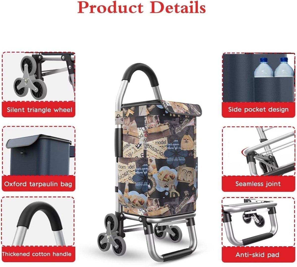 Lightweight 2 - in - 1 Folding Shopping Trolley 6 - Wheel Silent Stair Climber - Kwikley