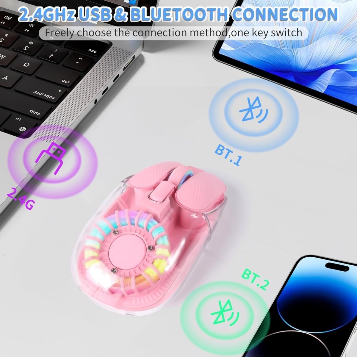LIKE SHOW Bluetooth Wireless Mouse Tri - Mode Rechargeable RGB Pink - Kwikley