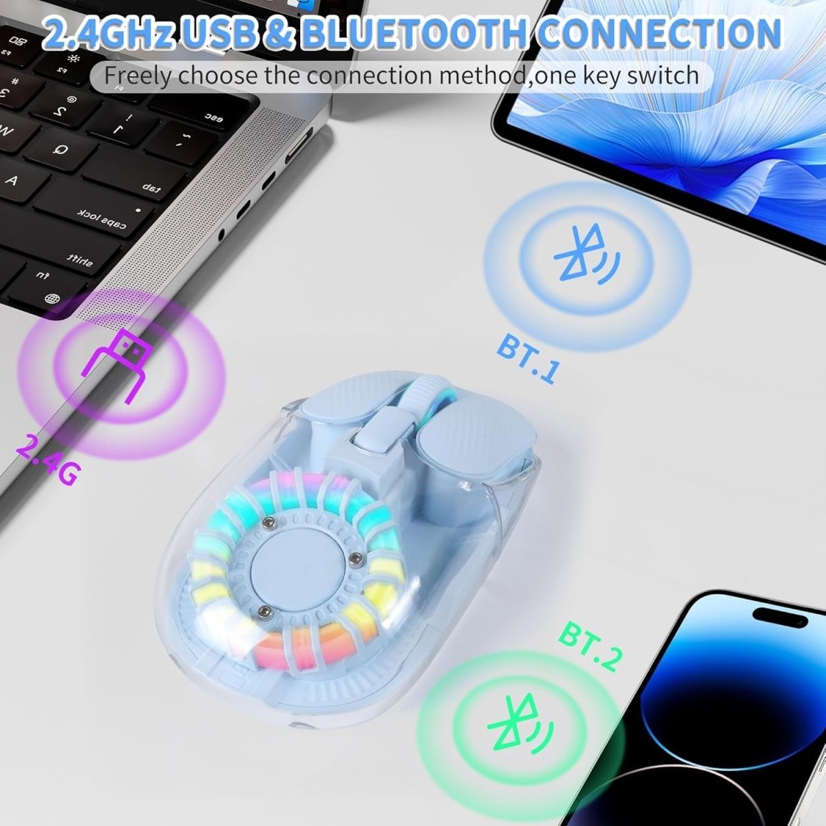 LIKE SHOW Bluetooth Wireless Mouse Tri - Mode USB Nano Receiver RGB Blue - Kwikley