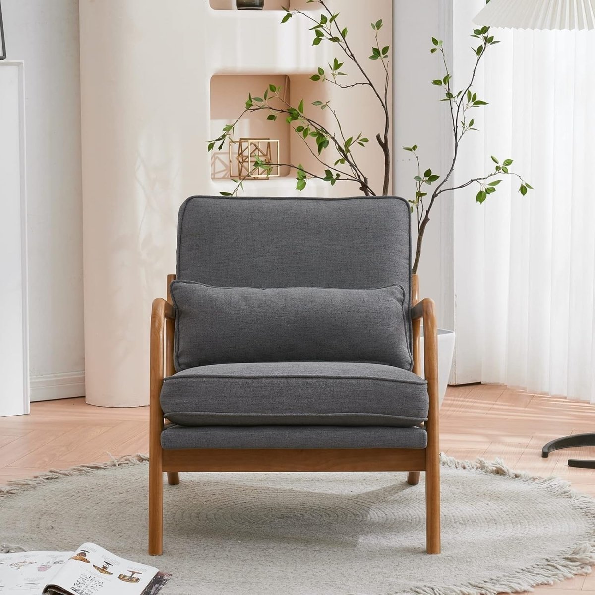 Linen Blend Armchair with Oak Wood Arms Lounge Accent Chair Grey - Kwikley