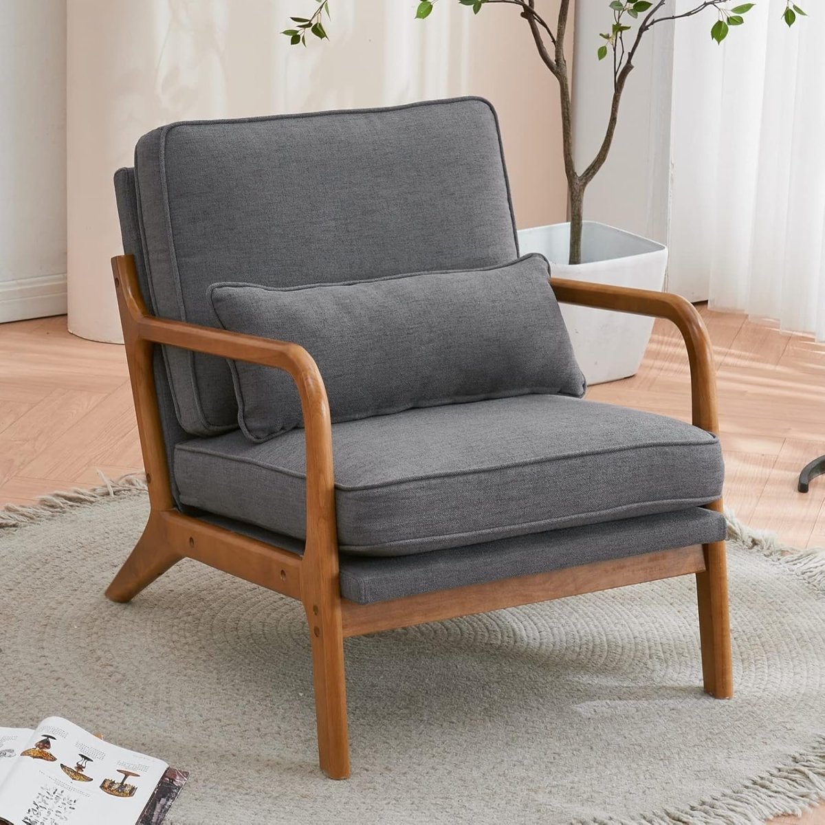 Linen Blend Armchair with Oak Wood Arms Lounge Accent Chair Grey - Kwikley