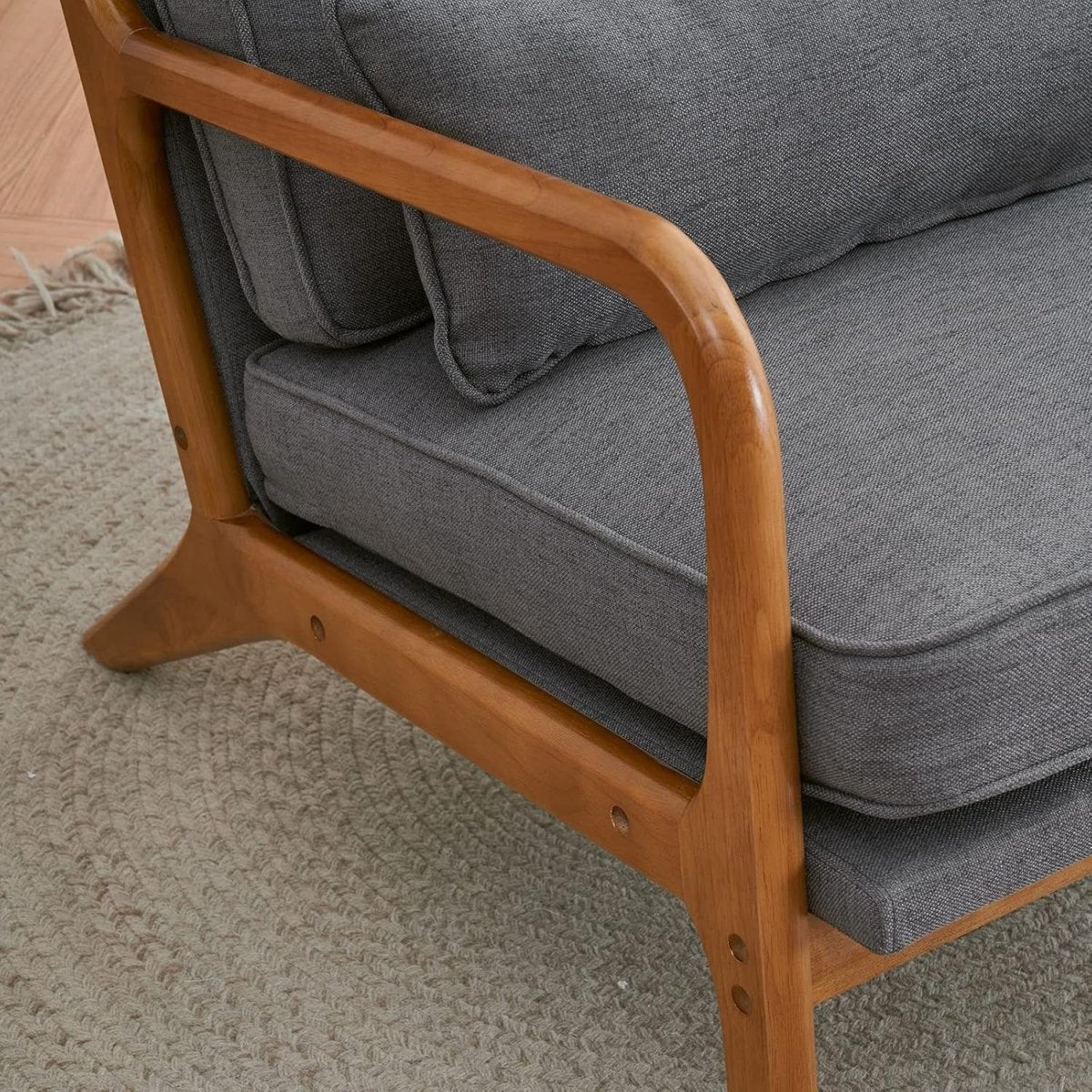 Linen Blend Armchair with Oak Wood Arms Lounge Accent Chair Grey - Kwikley