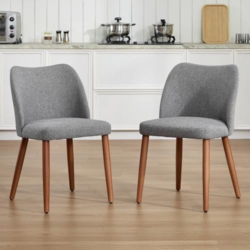 Linen Dining Chairs Set of 2 Upholstered Kitchen Chairs Wood Legs Grey - Kwikley
