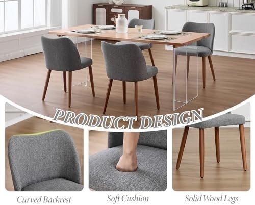 Linen Dining Chairs Set of 2 Upholstered Kitchen Chairs Wood Legs Grey - Kwikley