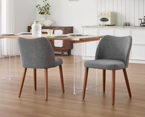 Linen Dining Chairs Set of 2 Upholstered Kitchen Chairs Wood Legs Grey - Kwikley