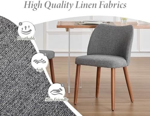 Linen Dining Chairs Set of 2 Upholstered Kitchen Chairs Wood Legs Grey - Kwikley