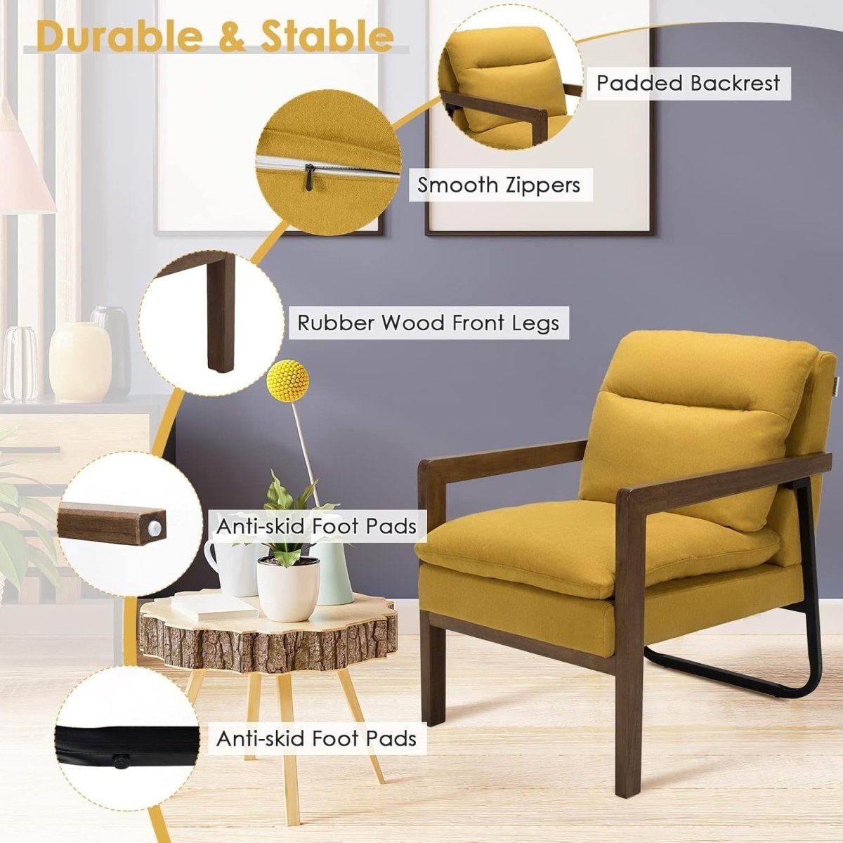 Linen Fabric Accent Chair Upholstered Armchair Lounge Seat Yellow - Kwikley