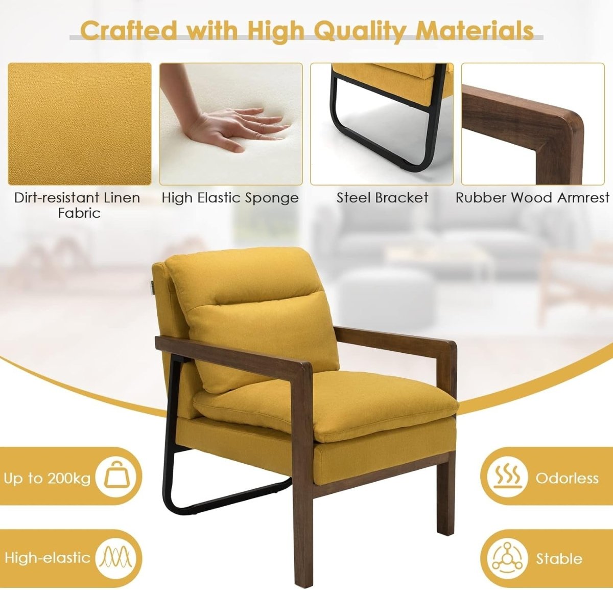 Linen Fabric Accent Chair Upholstered Armchair Lounge Seat Yellow - Kwikley