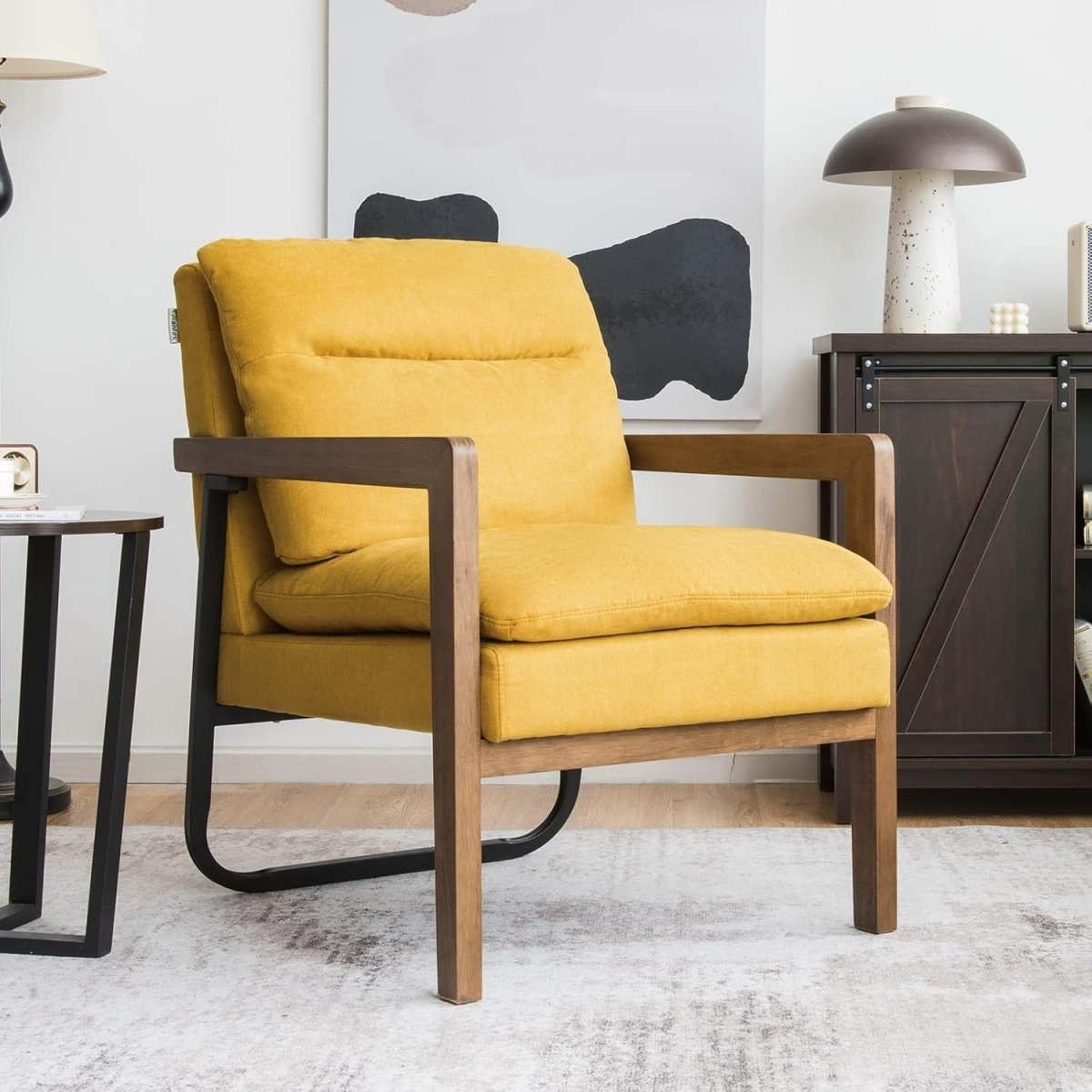 Linen Fabric Accent Chair Upholstered Armchair Lounge Seat Yellow - Kwikley