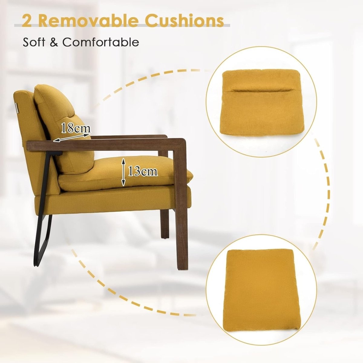 Linen Fabric Accent Chair Upholstered Armchair Lounge Seat Yellow - Kwikley