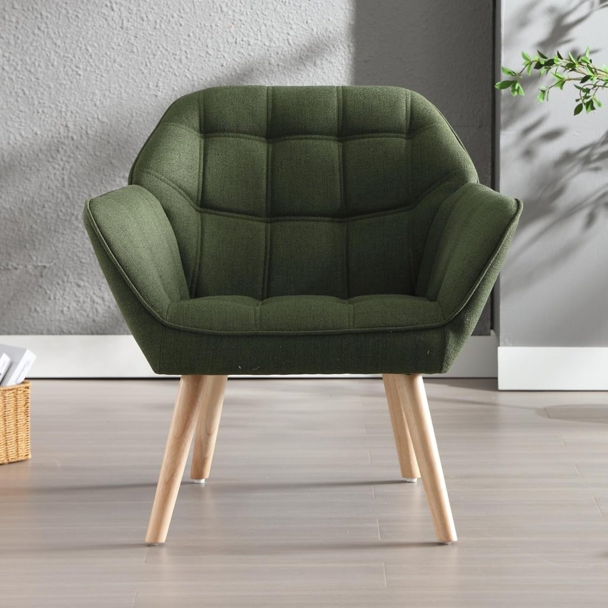 Linen Wingback Accent Chair Green Armchair Modern Tub Seat Wooden Legs - Kwikley