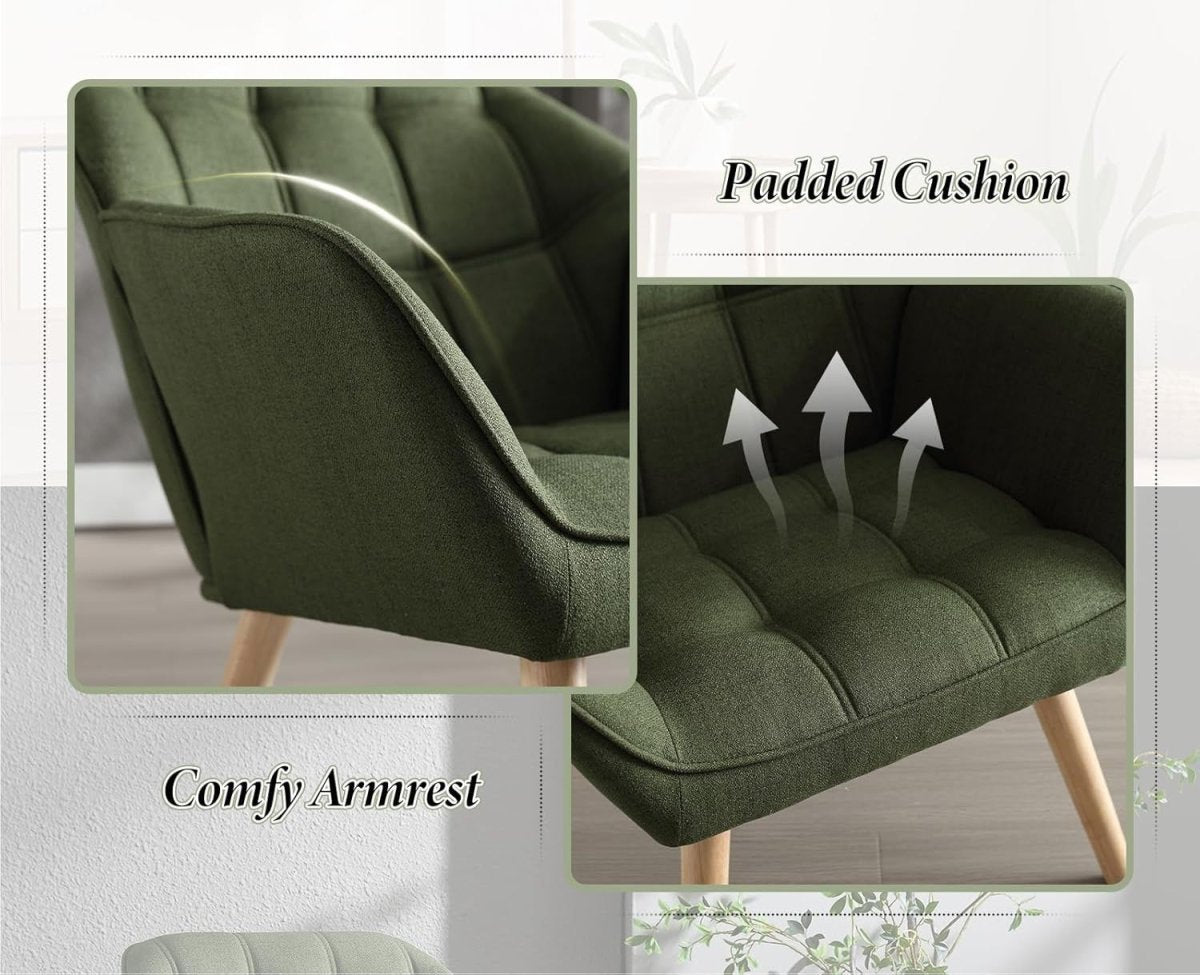 Linen Wingback Accent Chair Green Armchair Modern Tub Seat Wooden Legs - Kwikley