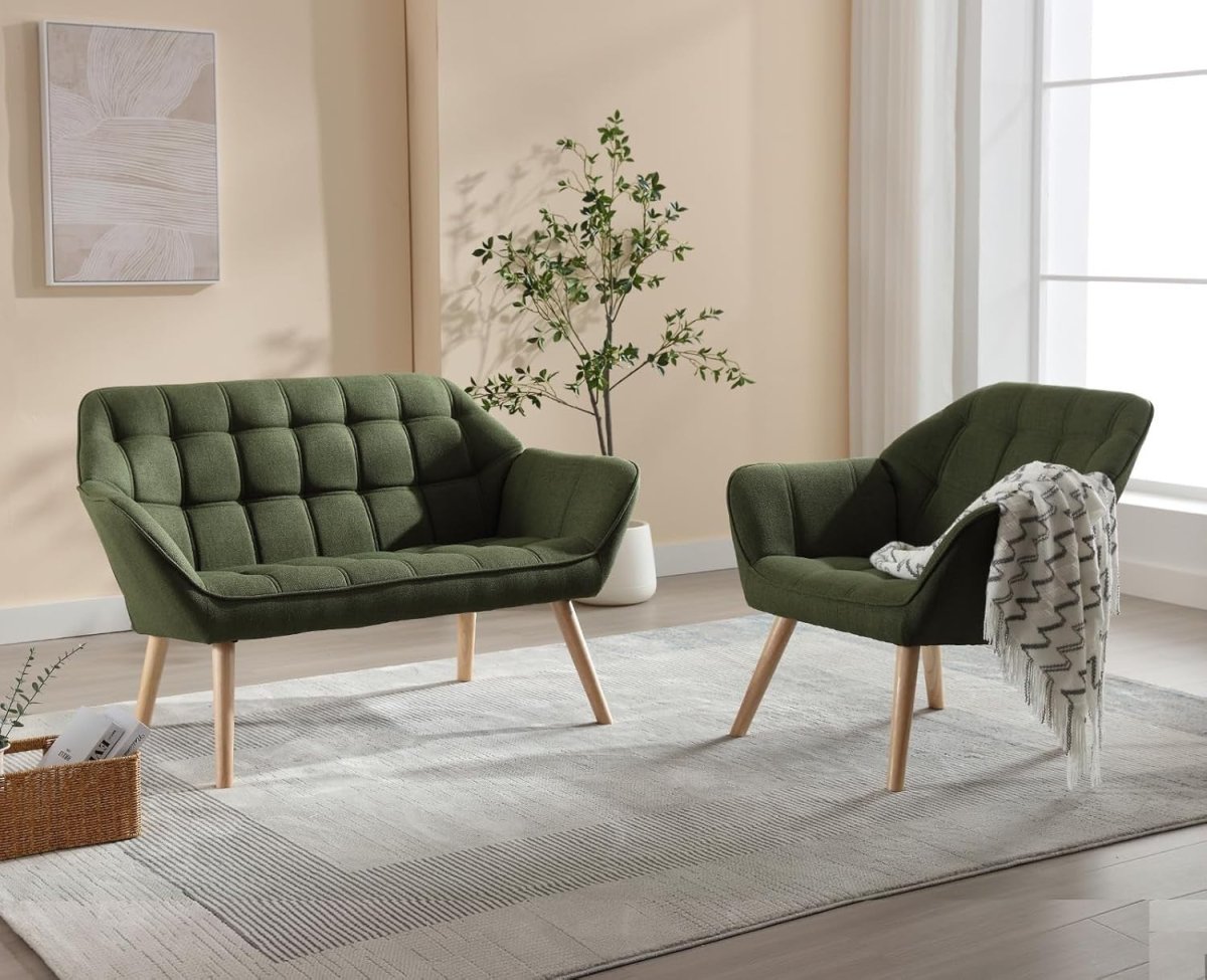 Linen Wingback Accent Chair Green Armchair Modern Tub Seat Wooden Legs - Kwikley