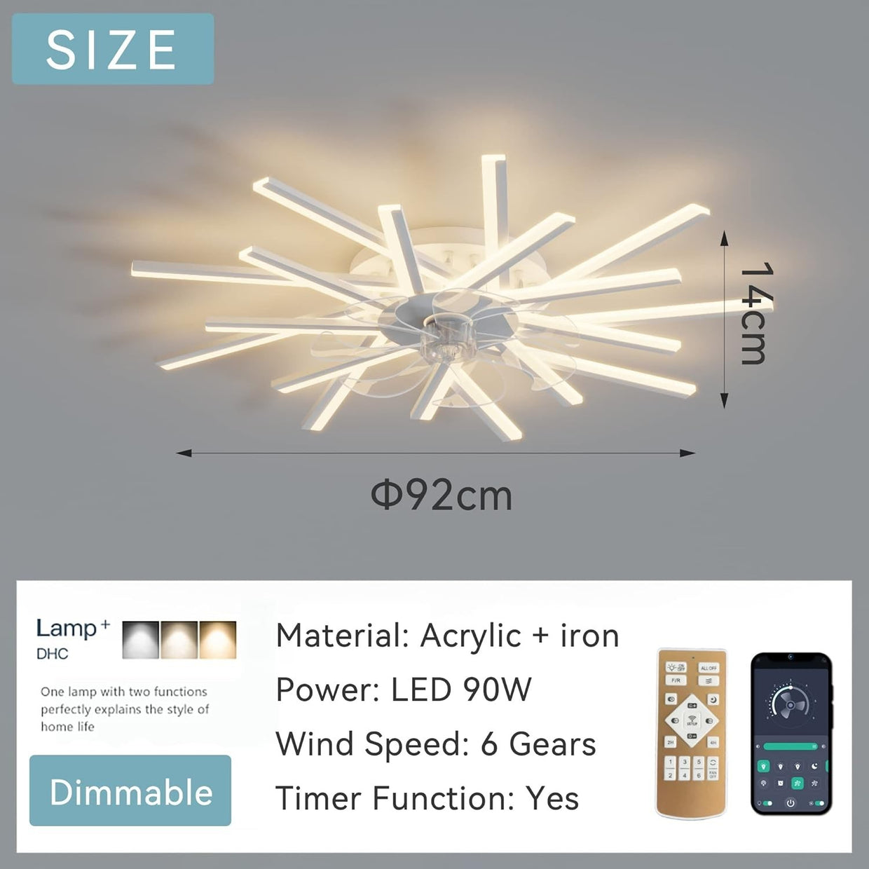 LJX 92cm Ceiling Fan with LED Light, Remote & App, 6 Speeds, Dimmable, White - Kwikley