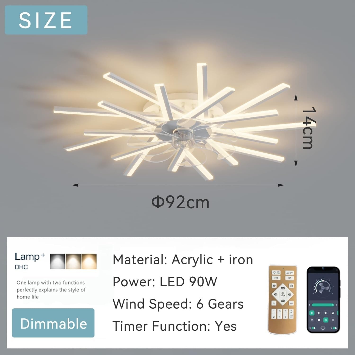 LJX 92cm Ceiling Fan with LED Light, Remote & App, 6 Speeds, Dimmable, White - Kwikley
