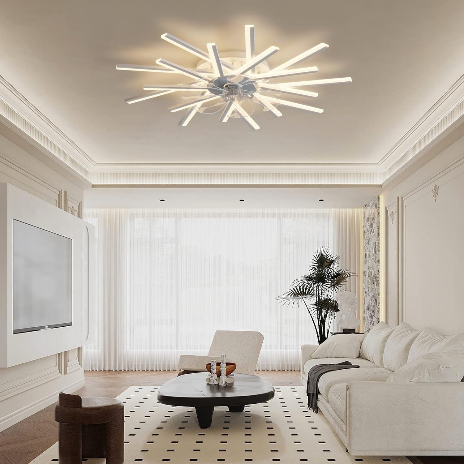 LJX 92cm Ceiling Fan with LED Light, Remote & App, 6 Speeds, Dimmable, White - Kwikley