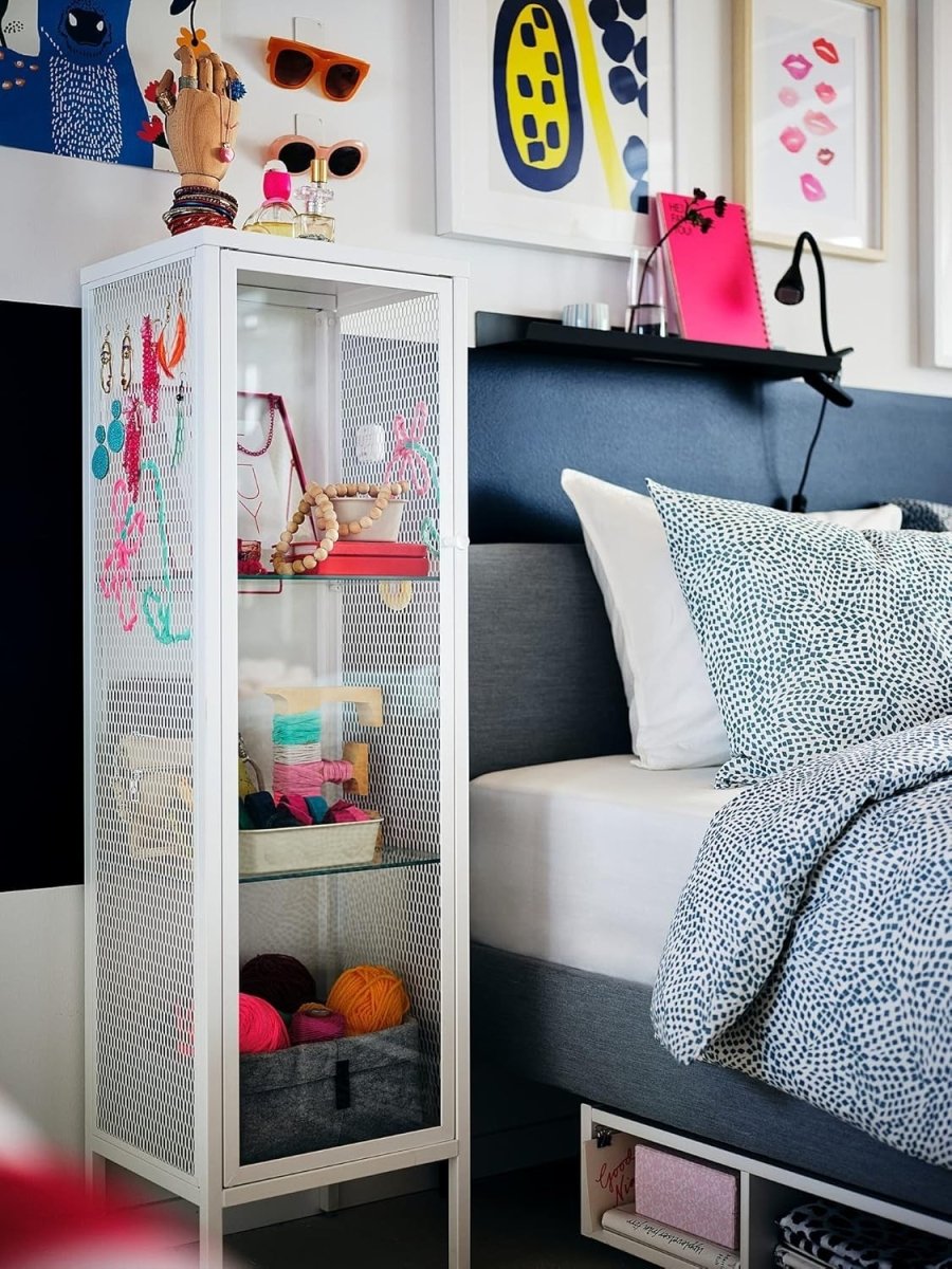 Lockable Glass Display Cabinet with Metal Frame, 34x30x116 cm, Modern Storage - Kwikley