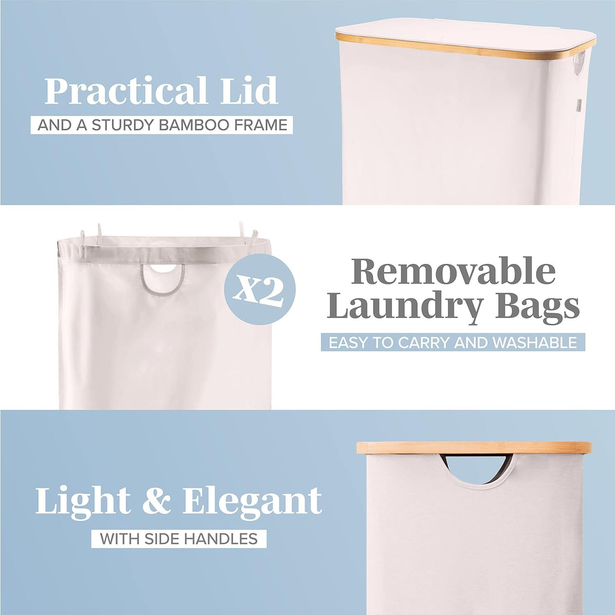 LONBET 150L Double Laundry Basket with Lid and Sturdy Bamboo Frame - Aesthetic L - Kwikley