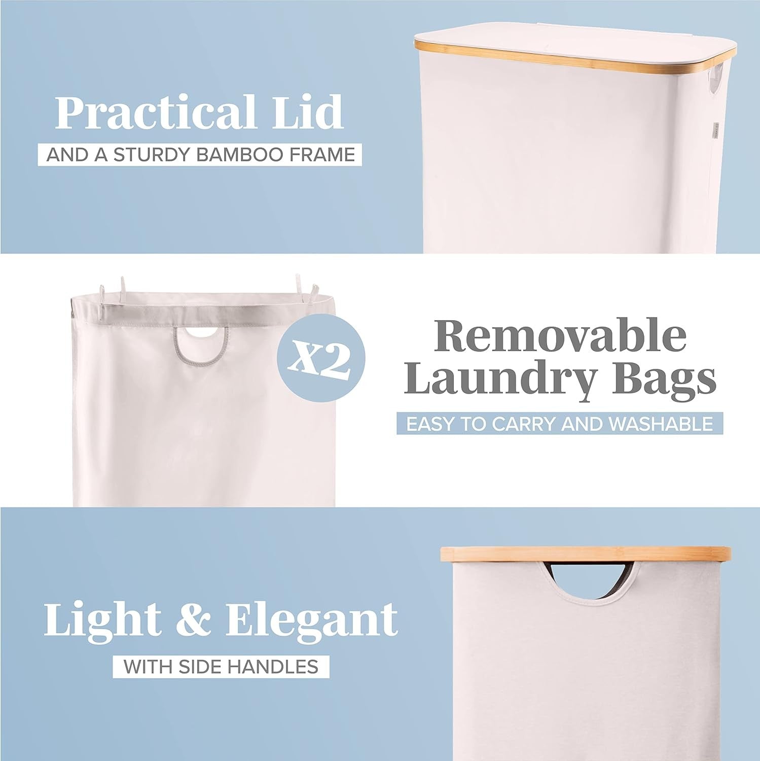 LONBET 150L Double Laundry Basket with Lid and Sturdy Bamboo Frame - Aesthetic L - Kwikley