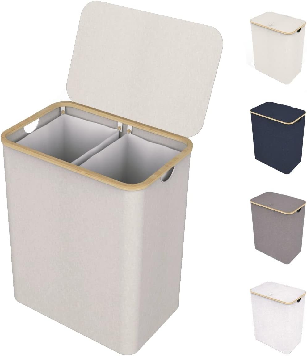 LONBET 150L Double Laundry Basket with Lid and Sturdy Bamboo Frame - Aesthetic L - Kwikley