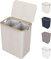 LONBET 150L Double Laundry Basket with Lid and Sturdy Bamboo Frame - Aesthetic L - Kwikley