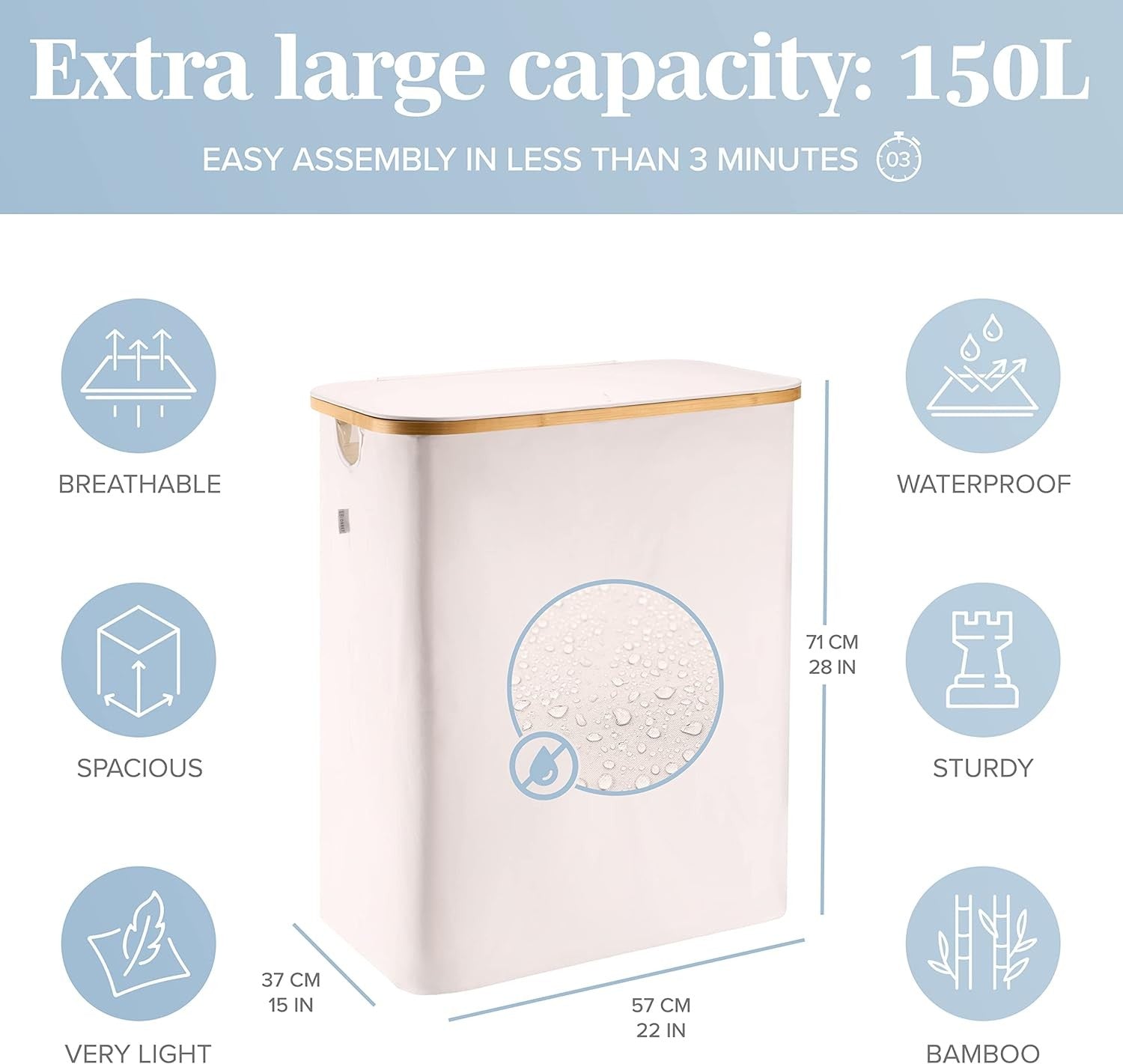 LONBET 150L Double Laundry Basket with Lid and Sturdy Bamboo Frame - Aesthetic L - Kwikley
