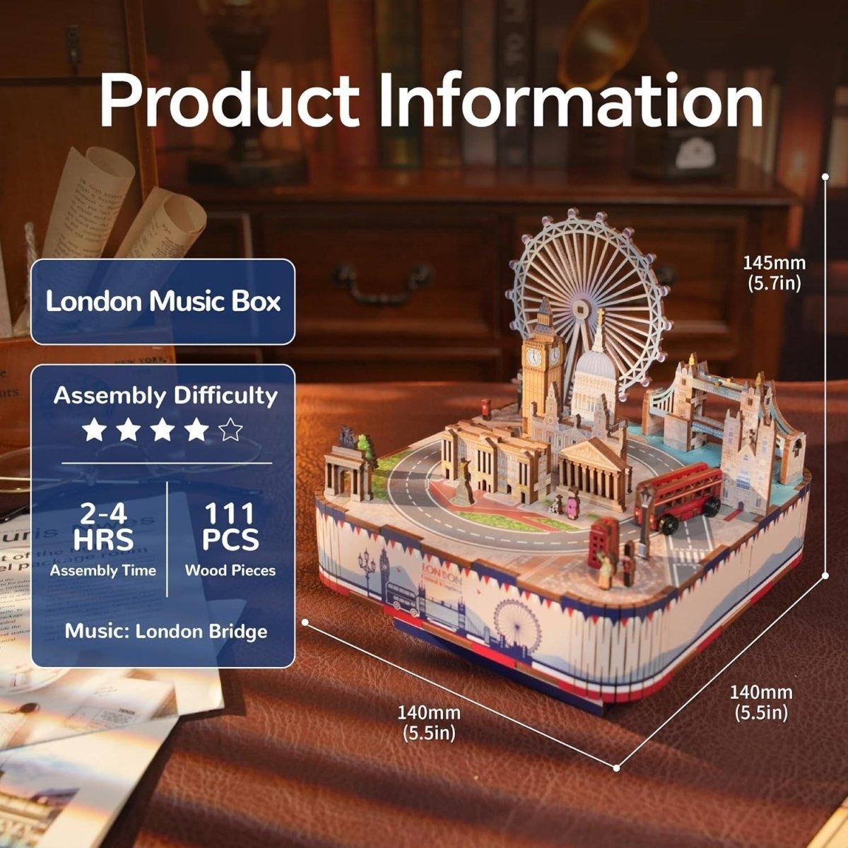London Music Box 3D Wooden Puzzle DIY Rotating Model Kit Decor Gift - Kwikley