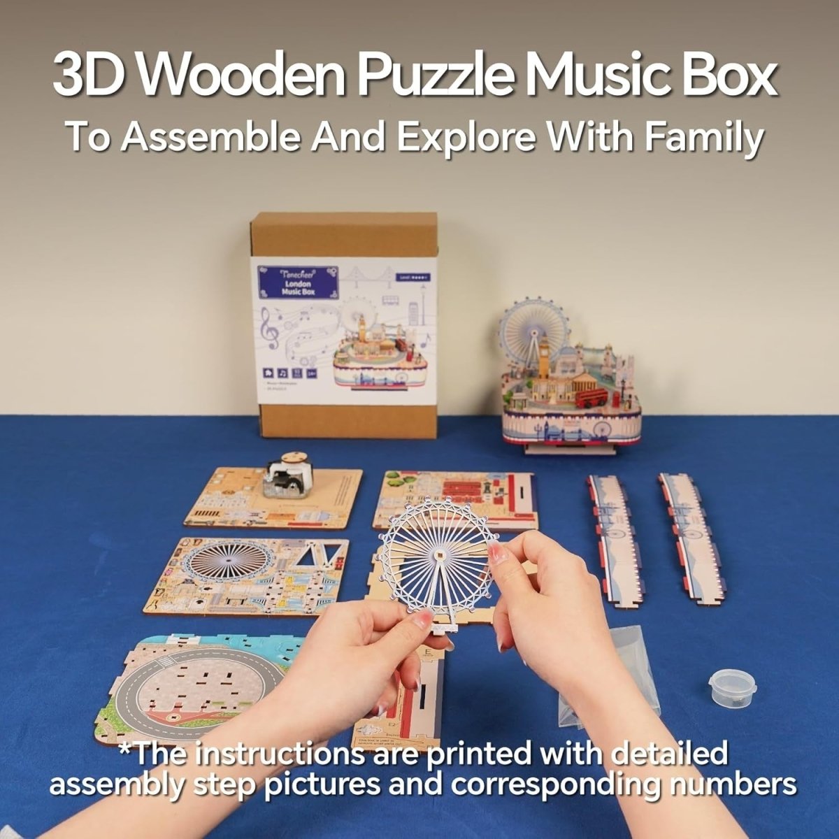 London Music Box 3D Wooden Puzzle DIY Rotating Model Kit Decor Gift - Kwikley