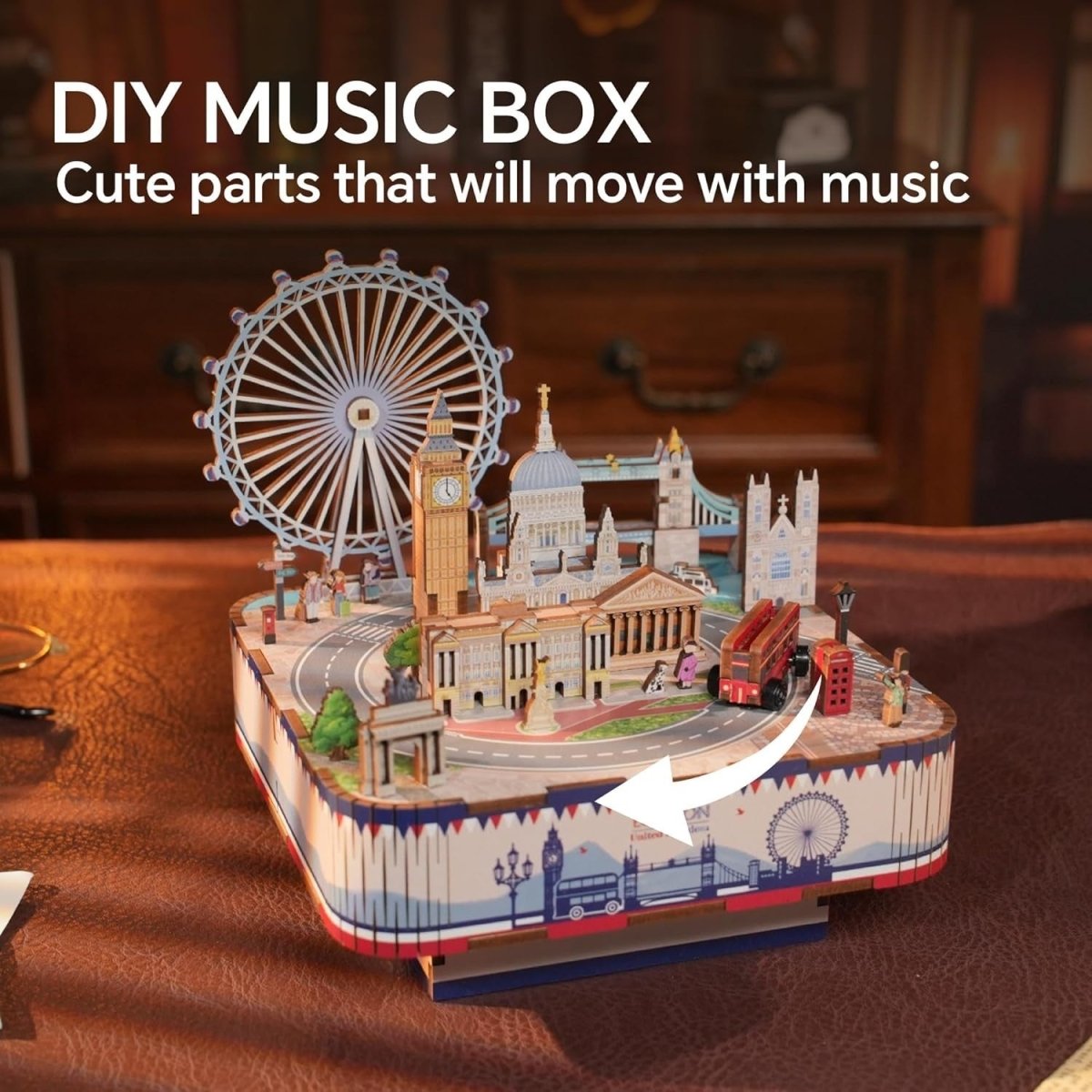 London Music Box 3D Wooden Puzzle DIY Rotating Model Kit Decor Gift - Kwikley