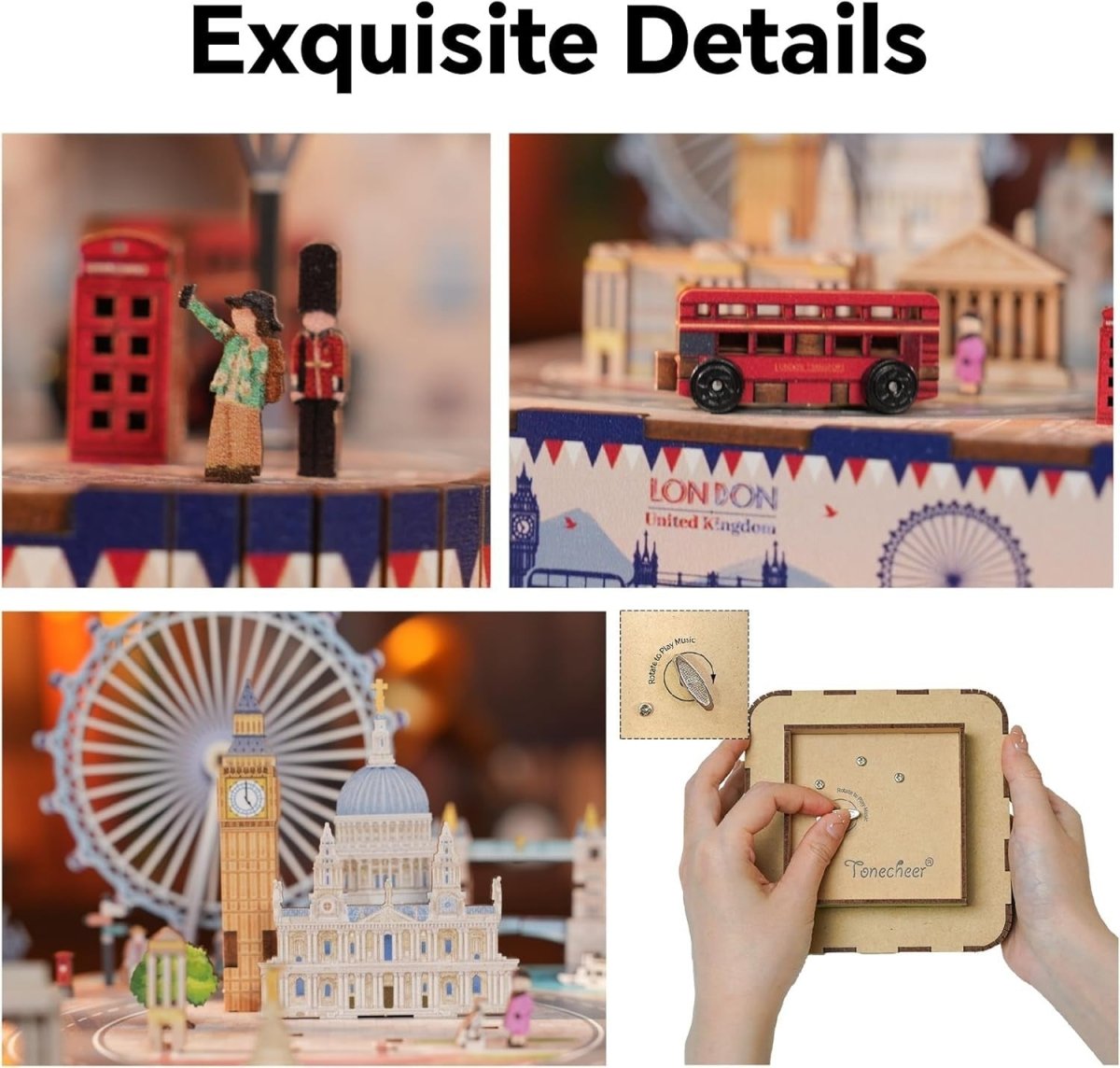 London Music Box 3D Wooden Puzzle DIY Rotating Model Kit Decor Gift - Kwikley