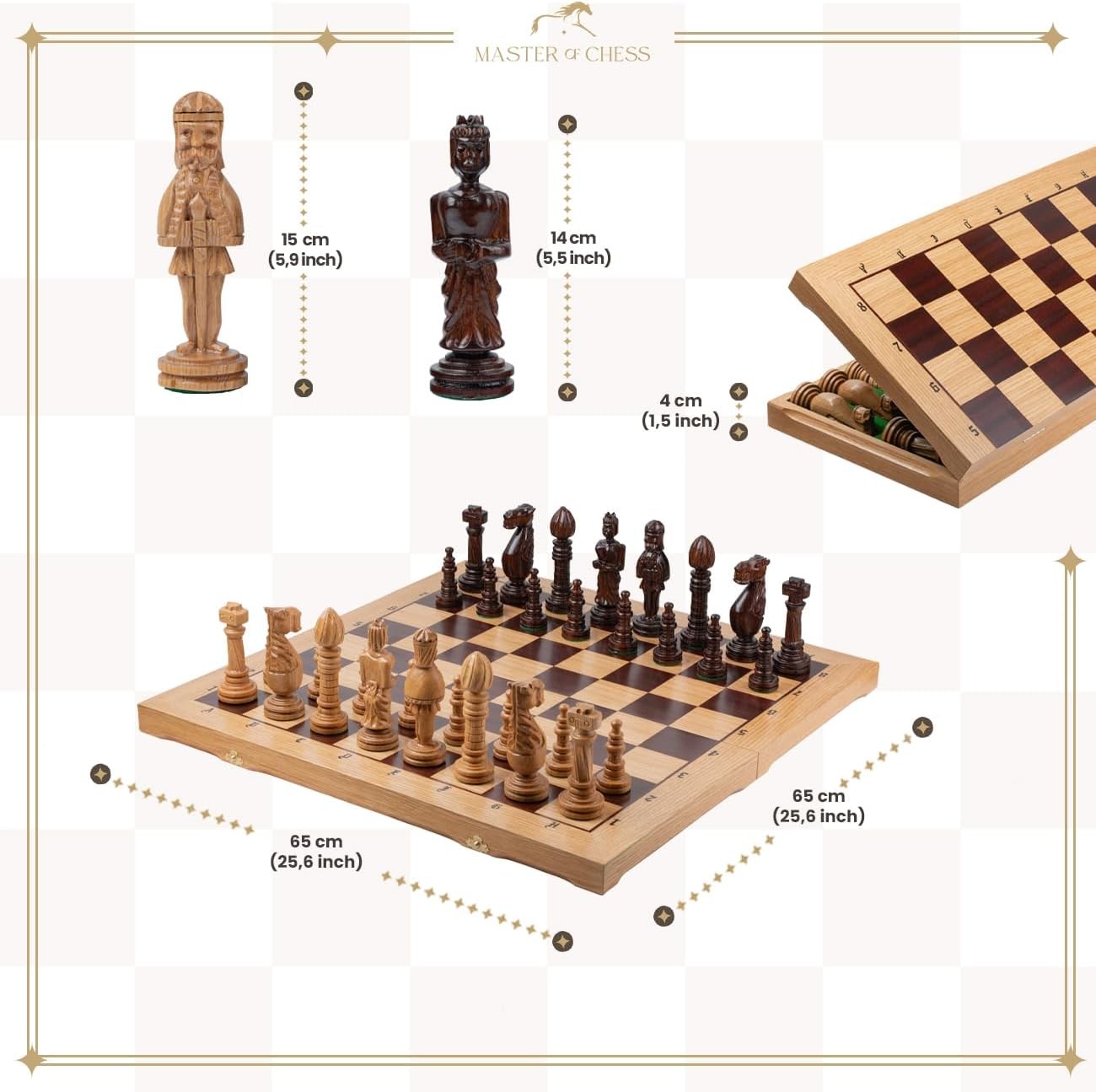 Luxury 26" Wooden Chess Set Large Foldable Board with Handcrafted Pieces - Kwikley