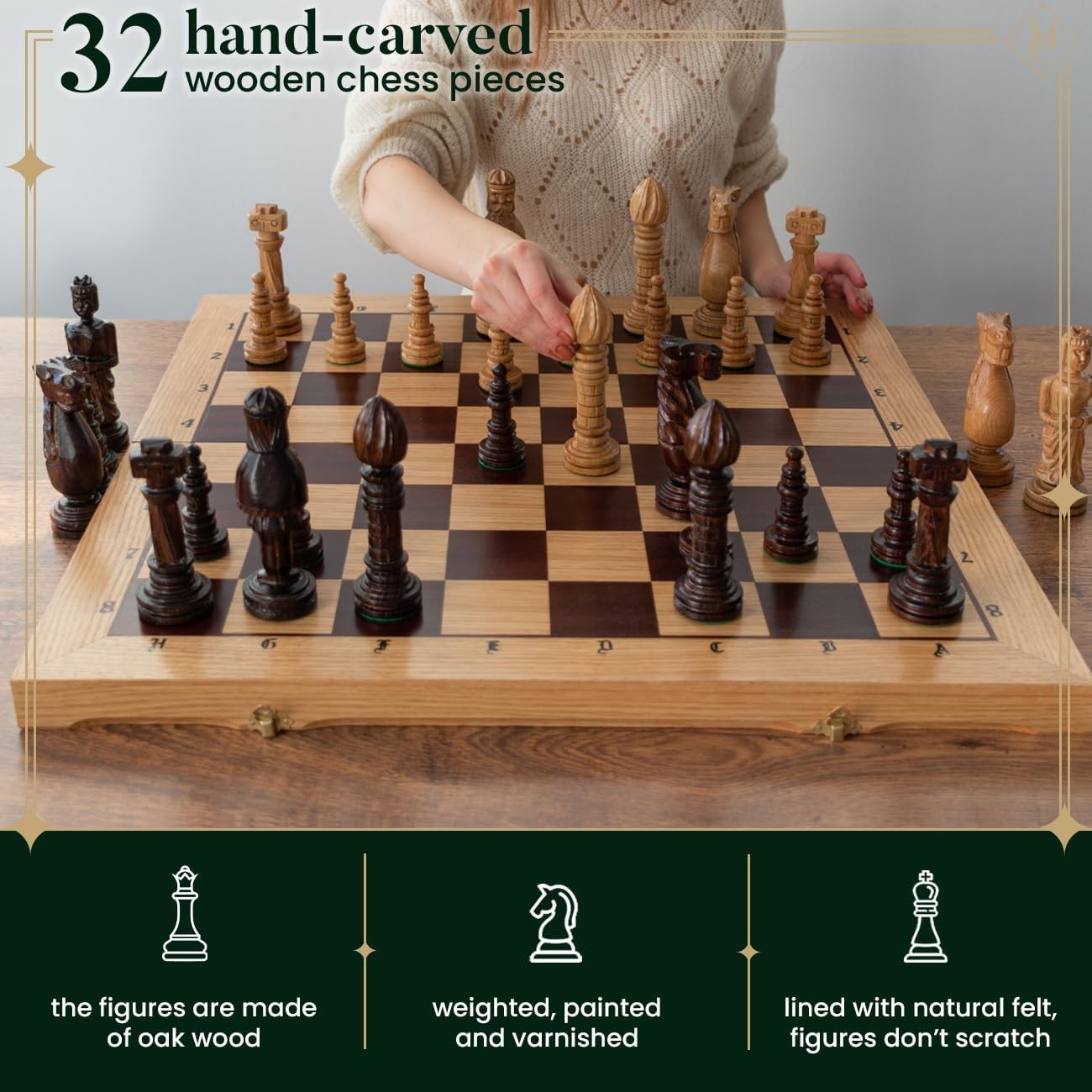 Luxury 26" Wooden Chess Set Large Foldable Board with Handcrafted Pieces - Kwikley