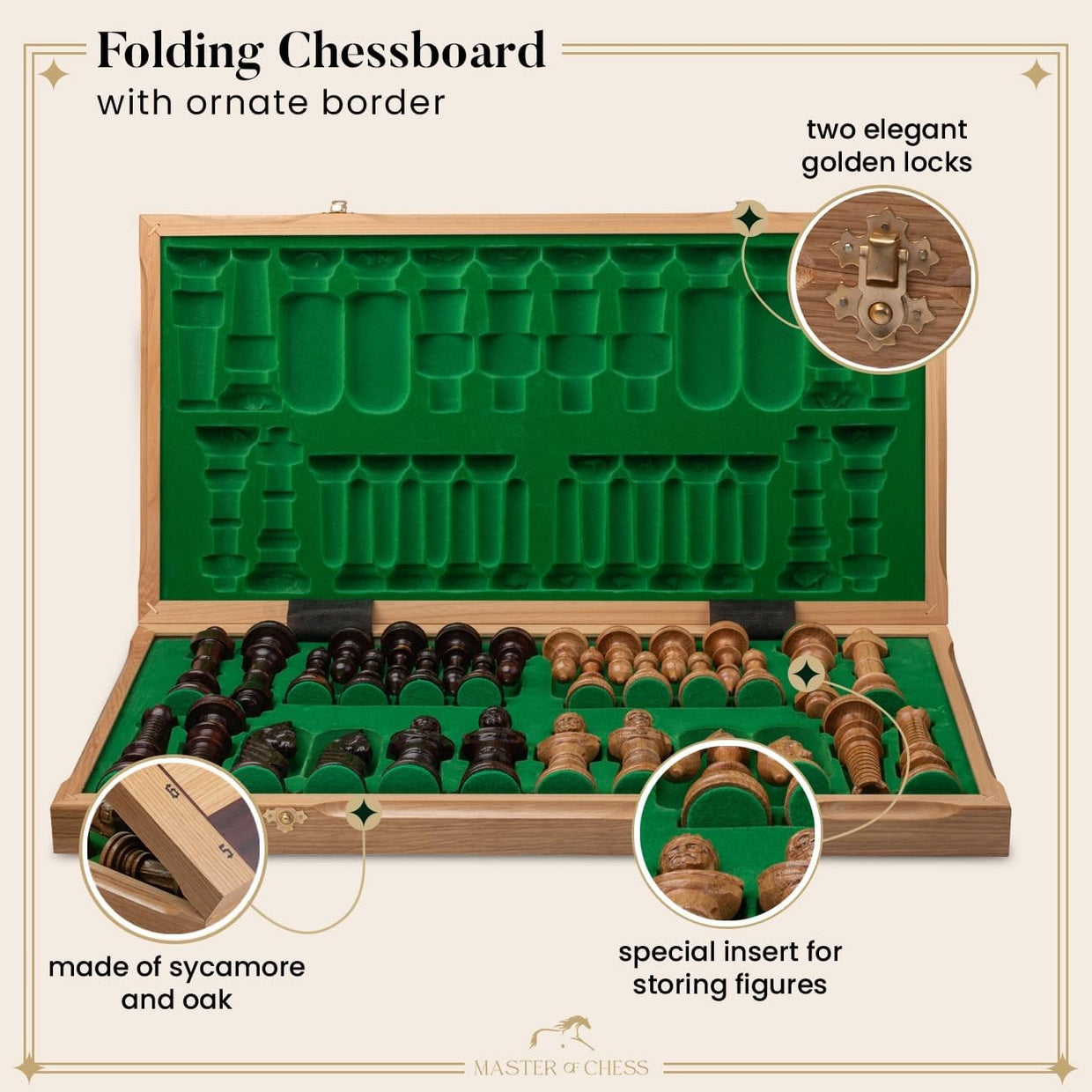 Luxury 26" Wooden Chess Set Large Foldable Board with Handcrafted Pieces - Kwikley