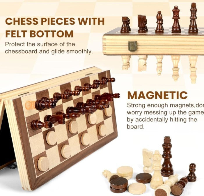Luxury 29cm Magnetic Wooden Chess Set – Foldable Travel Board + Storage - Kwikley