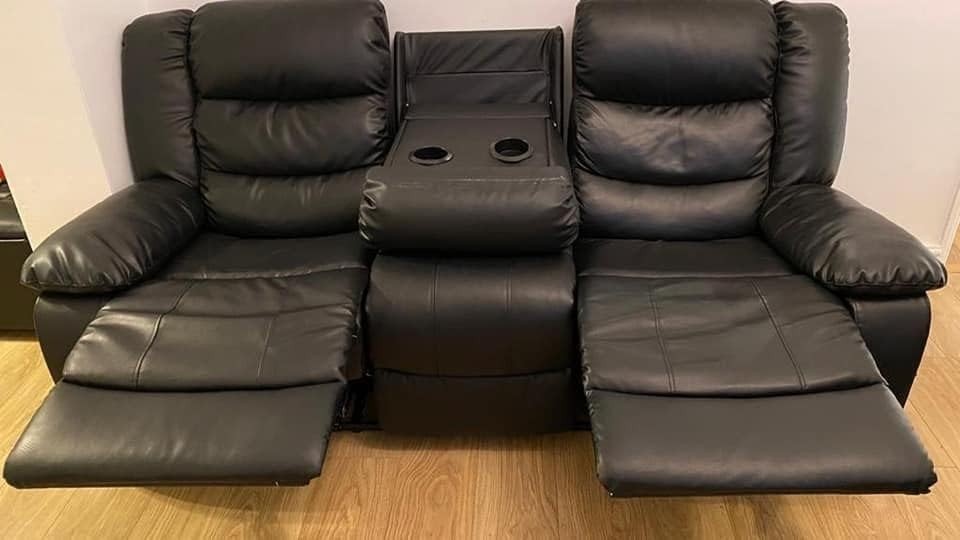 Luxury 3 Seater Black Leather Recliner Sofa w/ Cup Holders Lounge - Kwikley