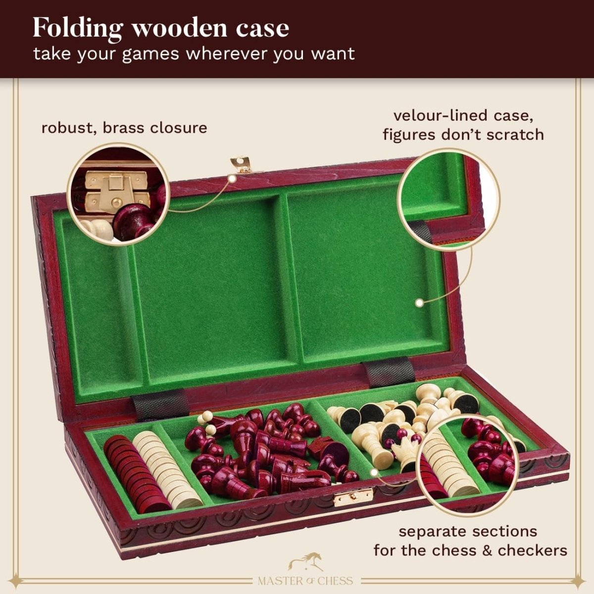 Luxury 35cm Wooden Chess & Draughts Set | Folding Red Board | Handmade Game Set - Kwikley