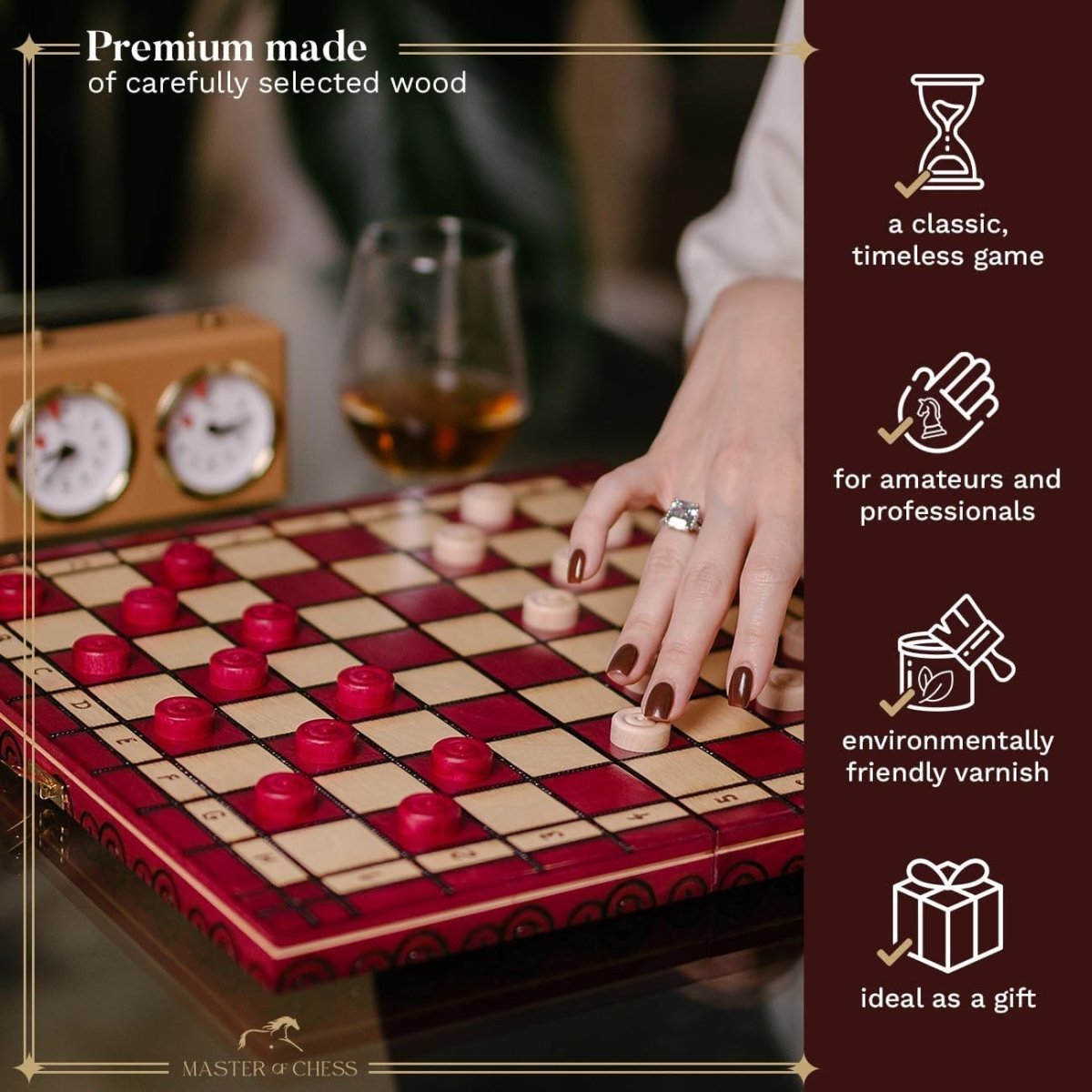 Luxury 35cm Wooden Chess & Draughts Set | Folding Red Board | Handmade Game Set - Kwikley
