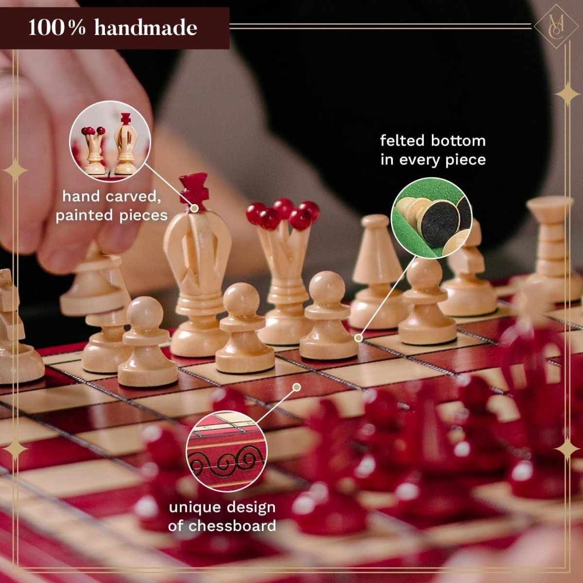 Luxury 35cm Wooden Chess & Draughts Set | Folding Red Board | Handmade Game Set - Kwikley