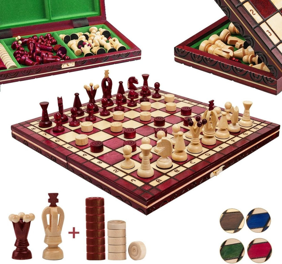Luxury 35cm Wooden Chess & Draughts Set | Folding Red Board | Handmade Game Set - Kwikley