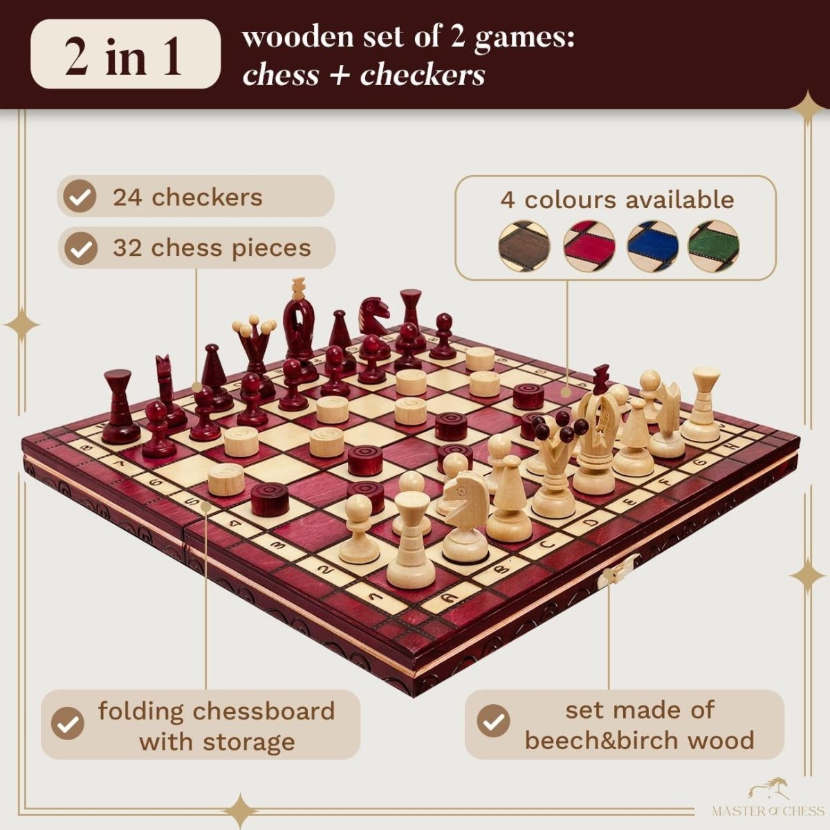 Luxury 35cm Wooden Chess & Draughts Set | Folding Red Board | Handmade Game Set - Kwikley
