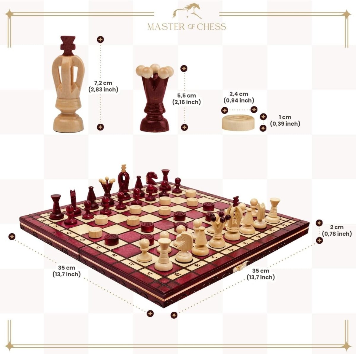 Luxury 35cm Wooden Chess & Draughts Set | Folding Red Board | Handmade Game Set - Kwikley